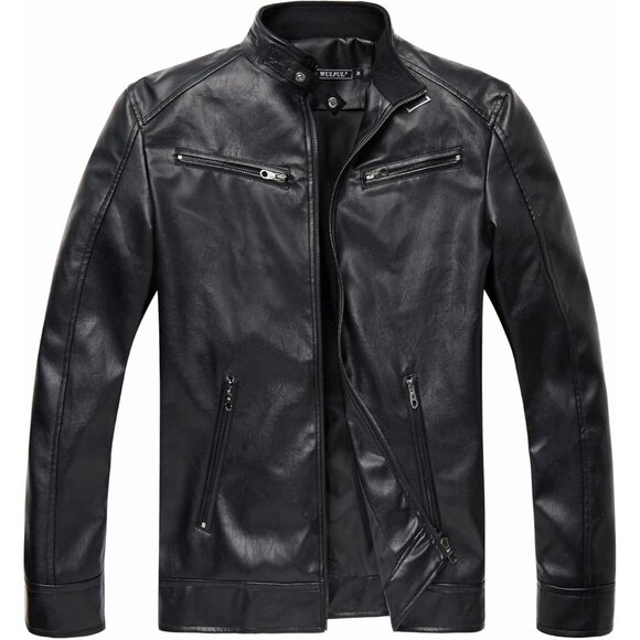 Brand New Men's Black 0072 Faux  Leather Stand Collar Biker Moto Jacket Coat - Picture 1 of 6
